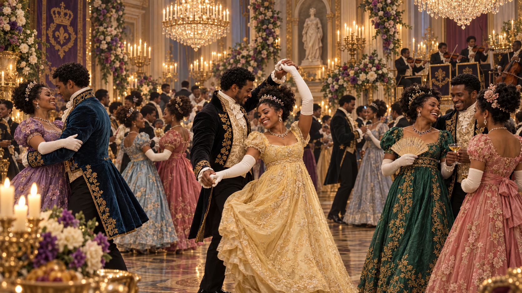 Elegantly dressed guests dancing at a candlelit Regency ball